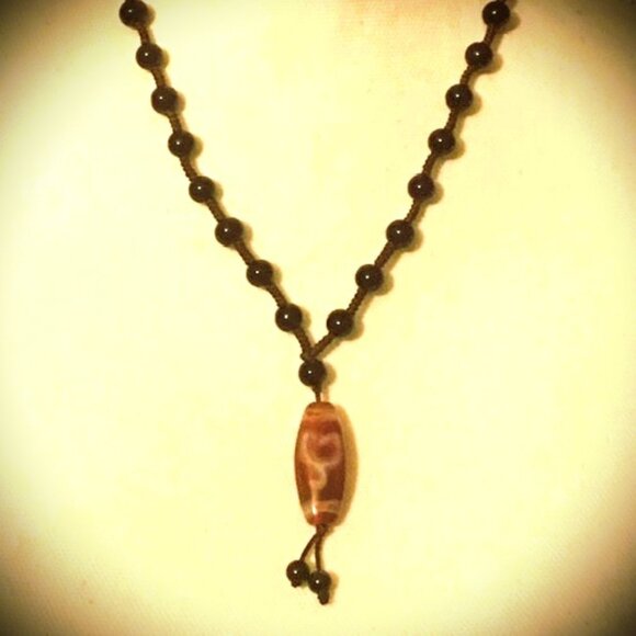 Vintage Tibetan Mala (Prayer Beads) w/ Fire Agate Dzi and Black Obsidian Beads - Picture 2 of 10